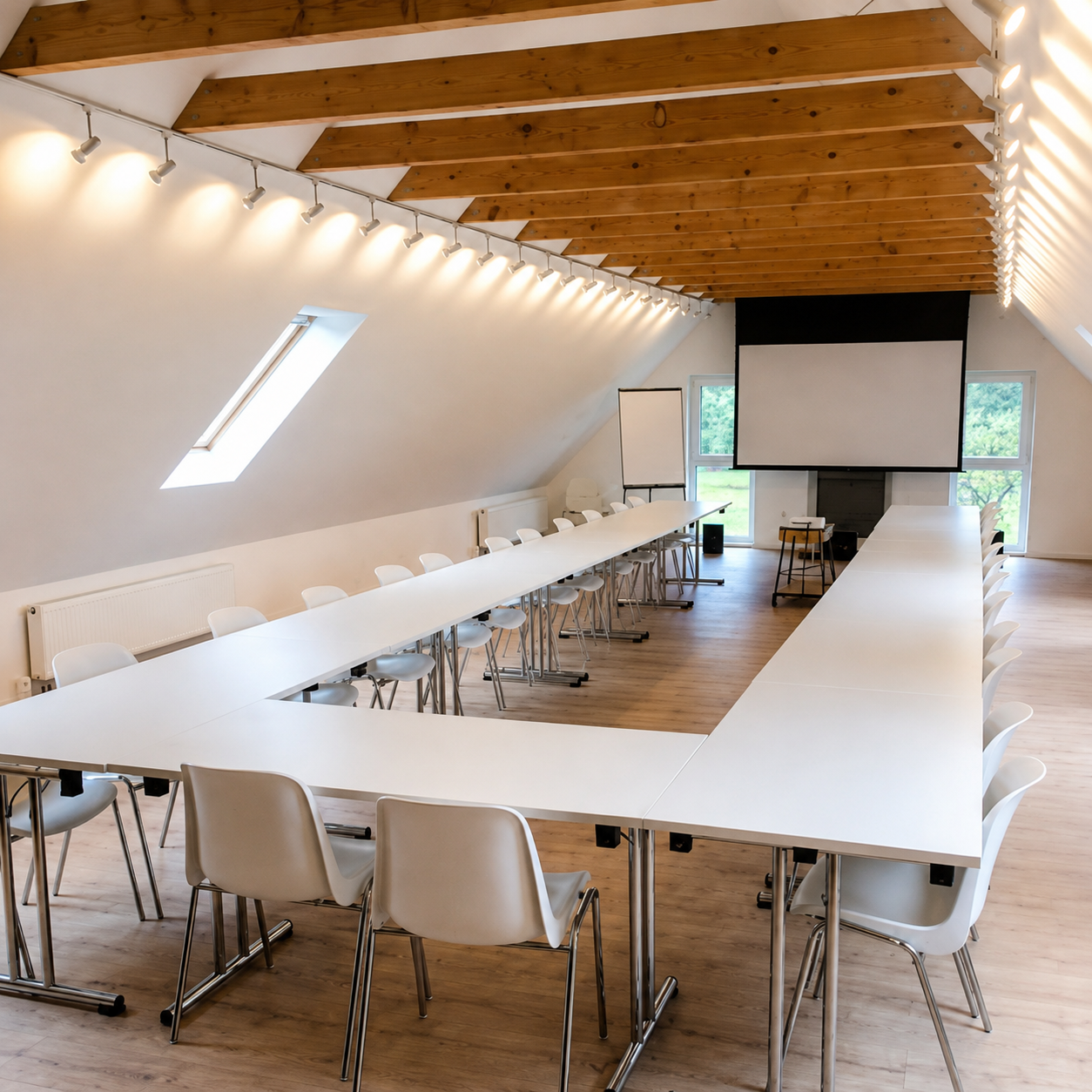 Seminarraum unter dem Dach mit Tischen in U-Form und Leinwand